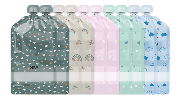 Swatch display showing five pastel colors in a row: dusty sage green, warm cream, soft neutral tones, and additional complementary pastels arranged left to right