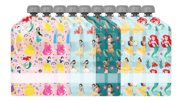 Assorted colorful children's bottles with soft pastel and bright accent colors, featuring pink backgrounds with yellow, magenta, and teal elements.