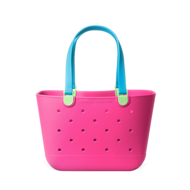 Hot pink tote bag with turquoise blue handles