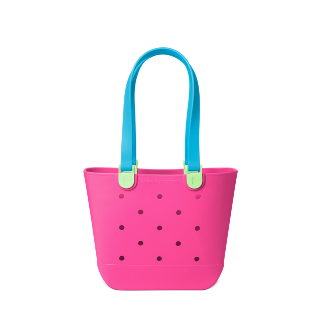 Hot pink canvas tote bag with turquoise blue handles and lime green accents
