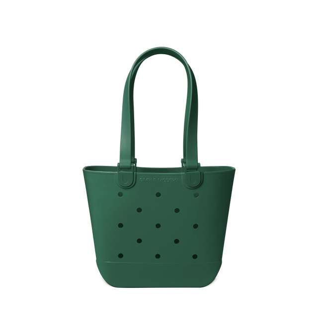 Forest green tote bag with black polka dot pattern, featuring a clean neutral background