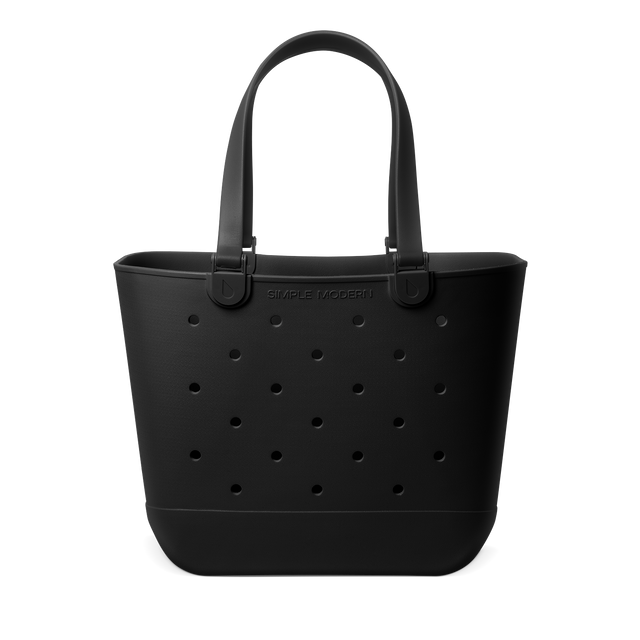 Black matte silicone tote bag with handles on white background