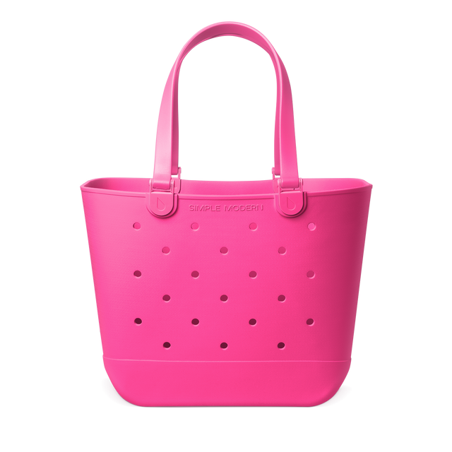 Vibrant hot pink magenta tote bag with white accents, front view product shot