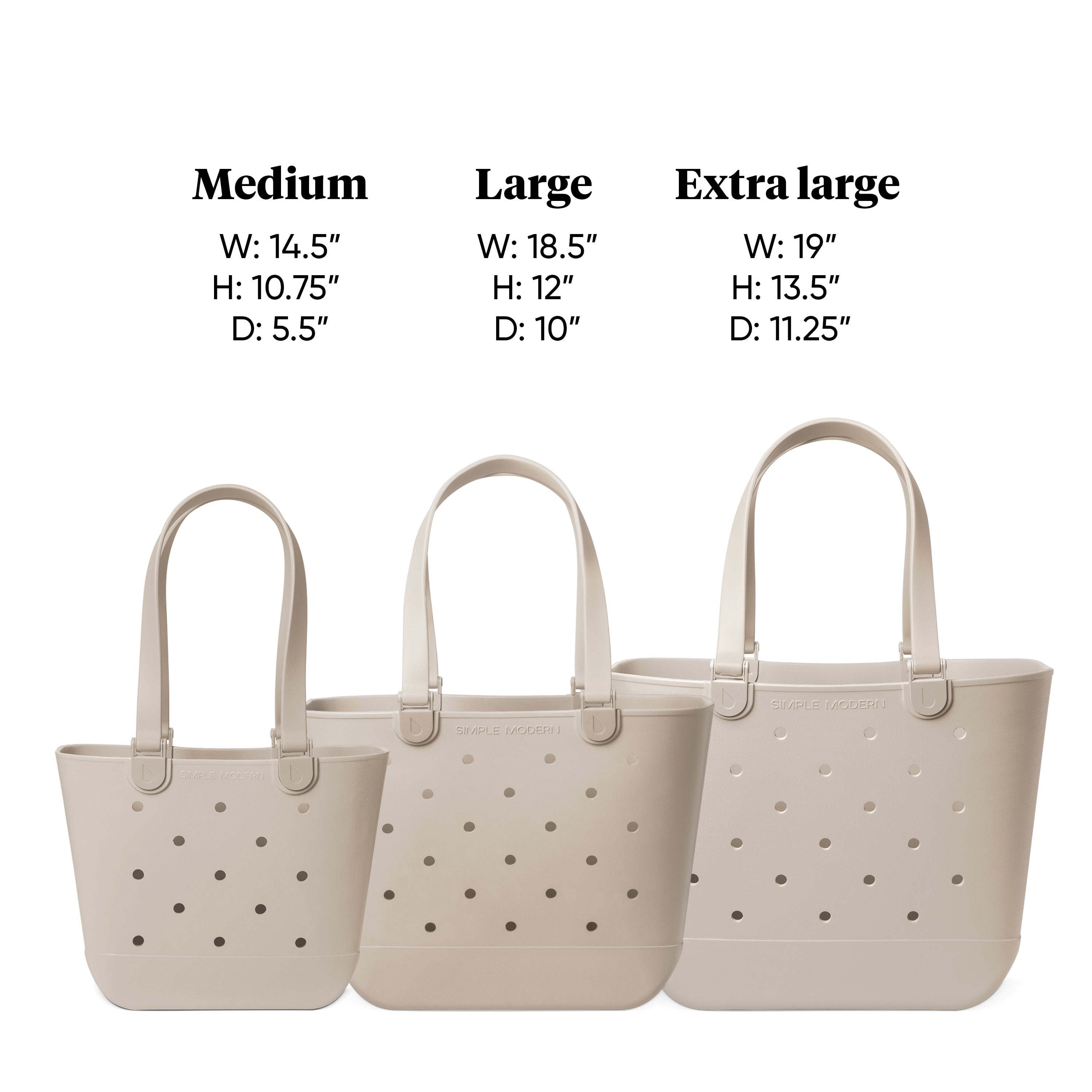 Medium, large, and extra large getaway bags are compared sharing size and dimensions