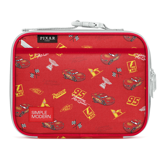 Red insulated lunch box with yellow, white, and gray accents, gray webbing handles and trim, and matching interior lining.