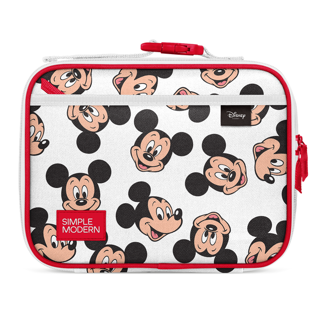 Red and white Mickey Mouse lunch box with black Mickey ears and facial features, peach and tan accents, bright red frame and trim on white background.