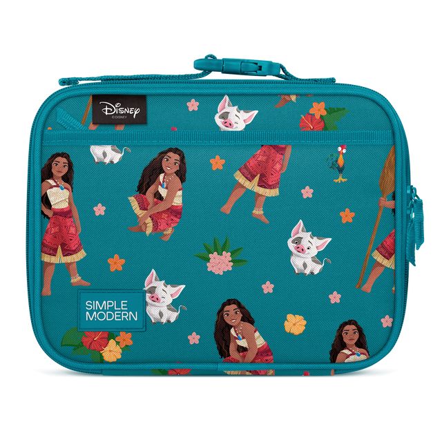 Teal lunch box with embroidered pattern featuring coral, pink, orange, white, tan, and green accents
