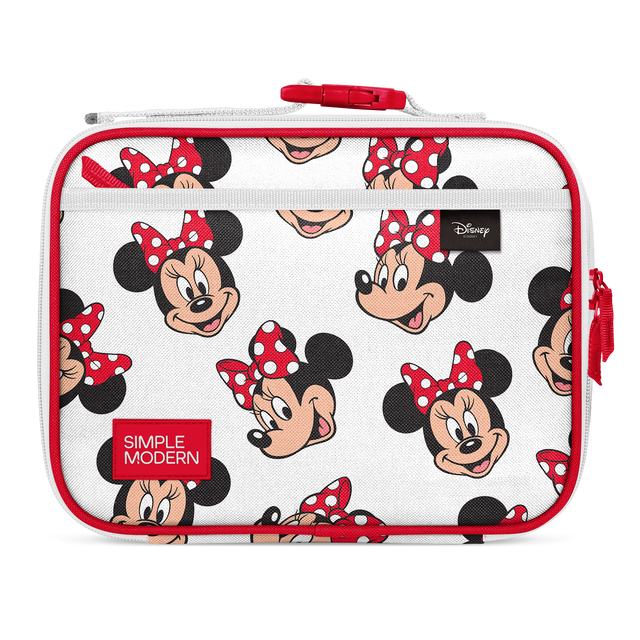 Cream lunch bag with bright red binding and zipper accents, Minnie Mouse design with black ears, featuring red and black handle details
