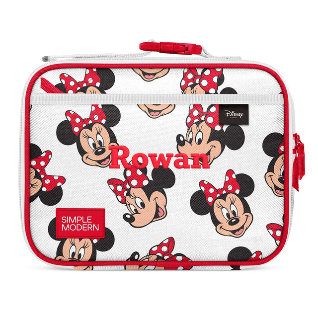Cream and white Simple Modern lunch box with red trim and handle, featuring an all-over Minnie Mouse pattern with her signature ears and polka dot bow. Personalized with 