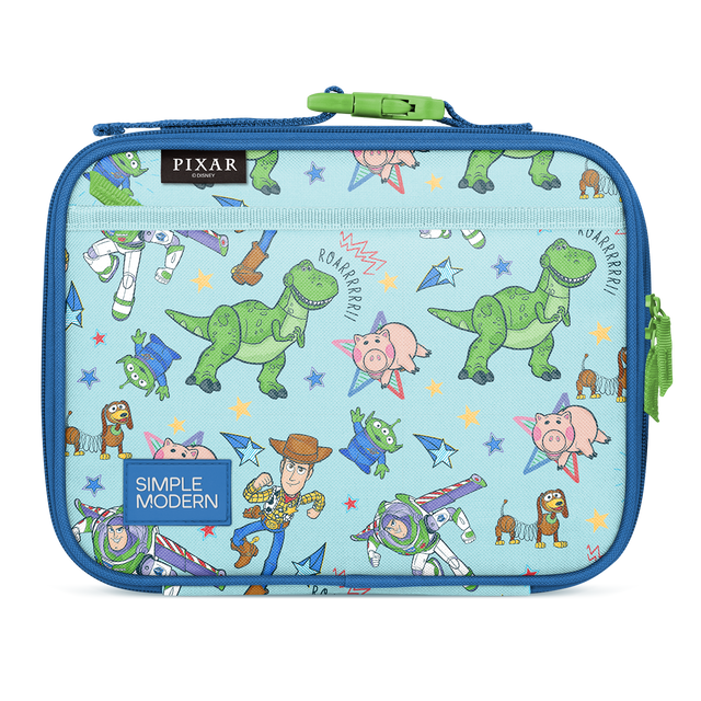 Light blue lunch bag with cobalt blue border and trim, lime green zipper pull and side pocket accents