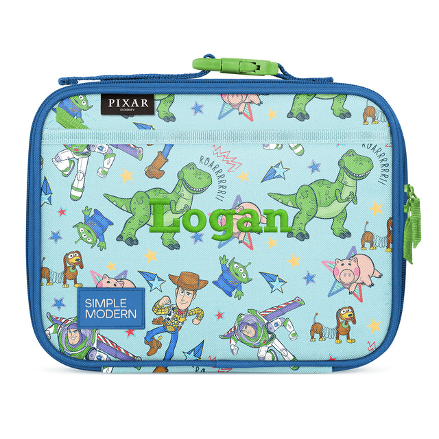 Light blue insulated lunch box with Toy Story characters including Rex, Buzz Lightyear, and Woody. Personalized with 