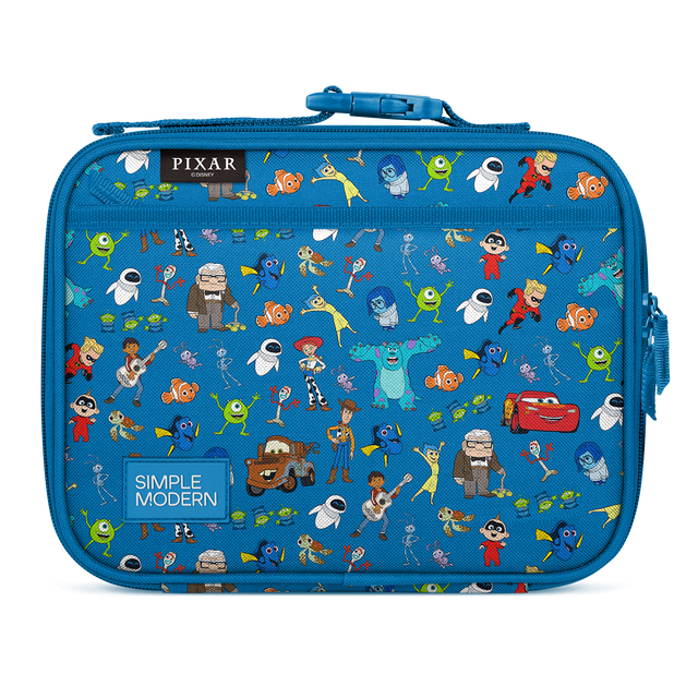 Royal blue insulated lunch bag with colorful geometric design featuring orange, red, yellow, green, white, brown, purple, and teal accents throughout.