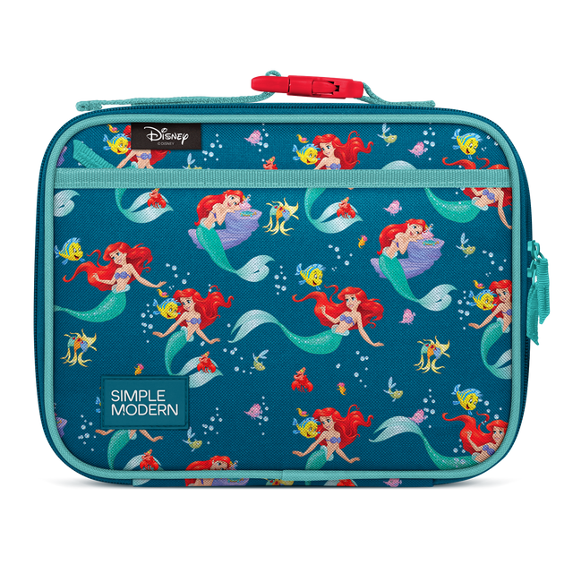 Teal-blue insulated lunch box with turquoise accents on padded edges, zipper pulls, and handles