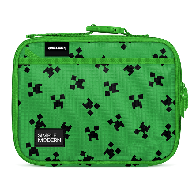 Bright lime green carrying case with black pixelated patterns and printed designs