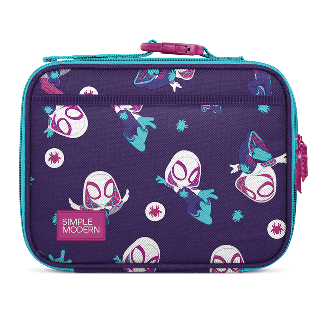 Deep purple lunch container with turquoise trim and handles, modern minimalist design, viewed from front angle