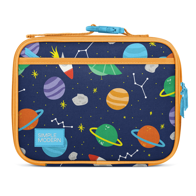 Deep navy blue lunch box with golden-orange border, bright yellow stars and constellation lines design