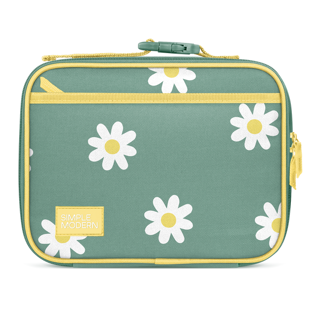 Sage green lunch box with yellow-gold zipper, trim, handles, and branding label, featuring white accents