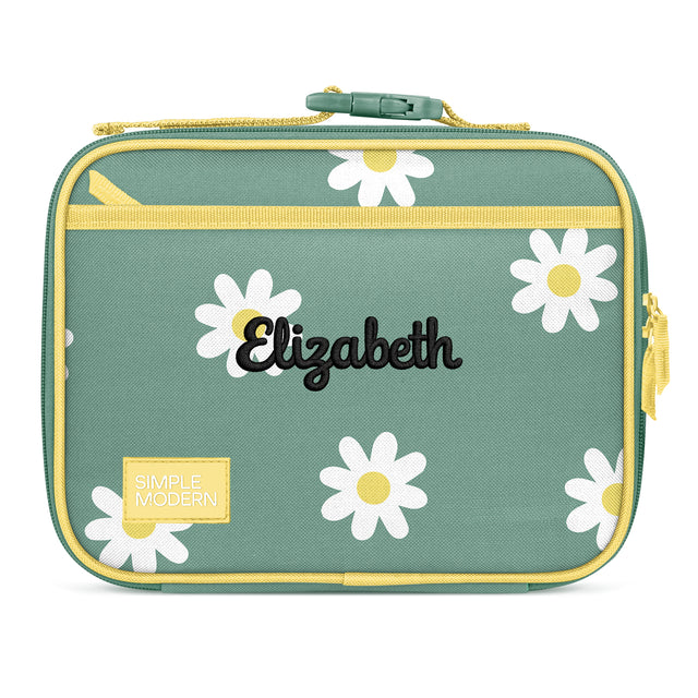 Sage green insulated lunch box with yellow trim, white daisy flowers, personalized 