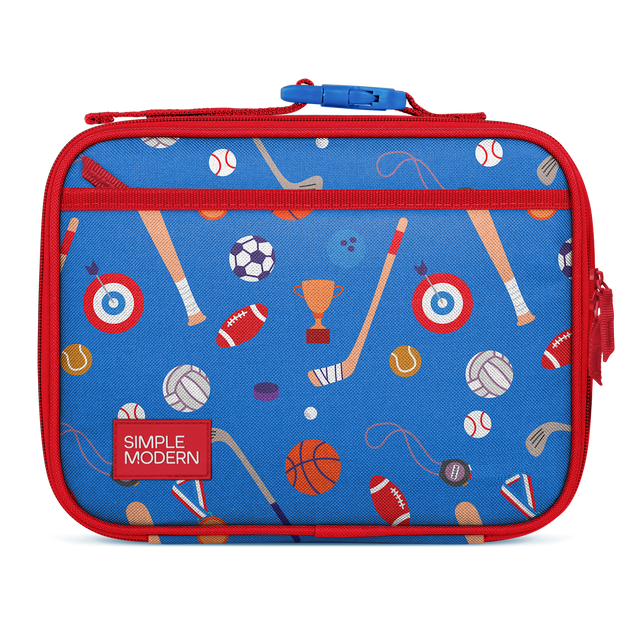 Bright blue lunch box with red accents, featuring orange, tan, white, and navy blue design elements