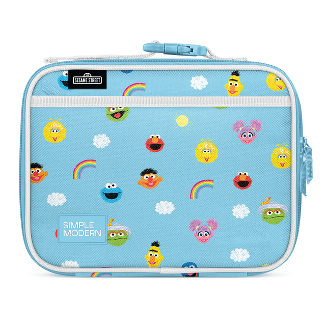 Bright sky blue lunch bag with white trim and Sesame Street character faces in yellow and red accents