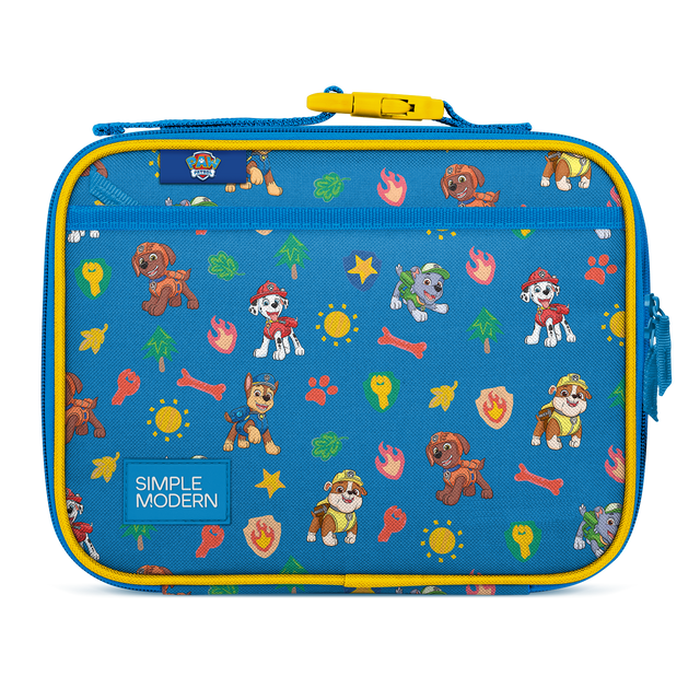 Vibrant royal blue lunch box with golden yellow trim and zipper, featuring red patterned interior design