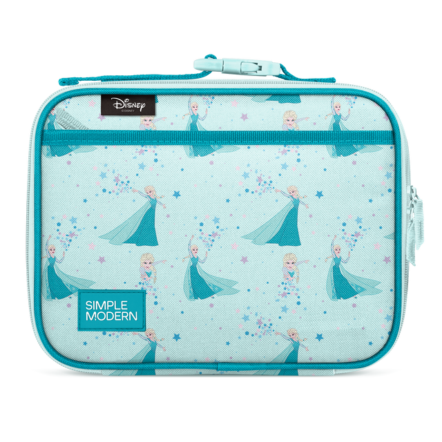 Soft aqua lunch box with bright turquoise blue borders, straps, and trim featuring a teal pattern design.