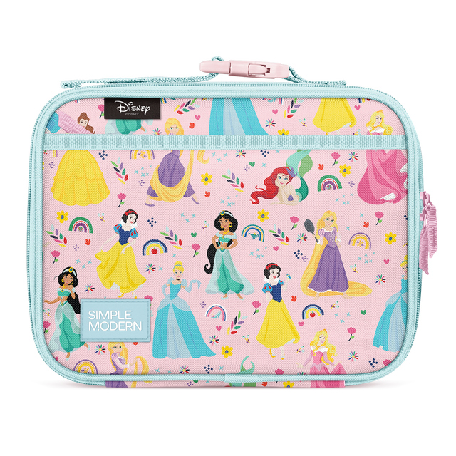Soft pink lunch box with light turquoise trim, featuring bright yellow and purple accents with teal details