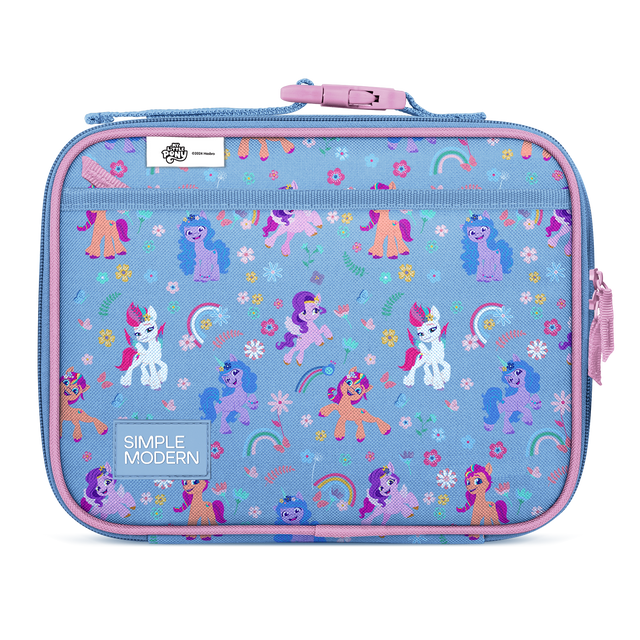 Periwinkle blue backpack with hot pink and mauve accents, featuring vibrant magenta interior lining details.