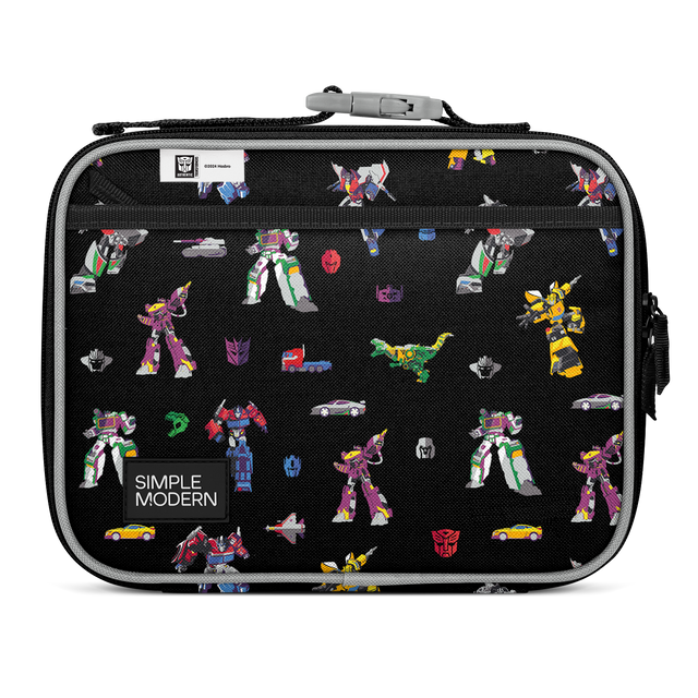 Black lunch box with light gray trim featuring Transformers characters