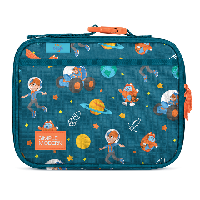 Deep teal lunch box with bright orange handles, trim, and brand label