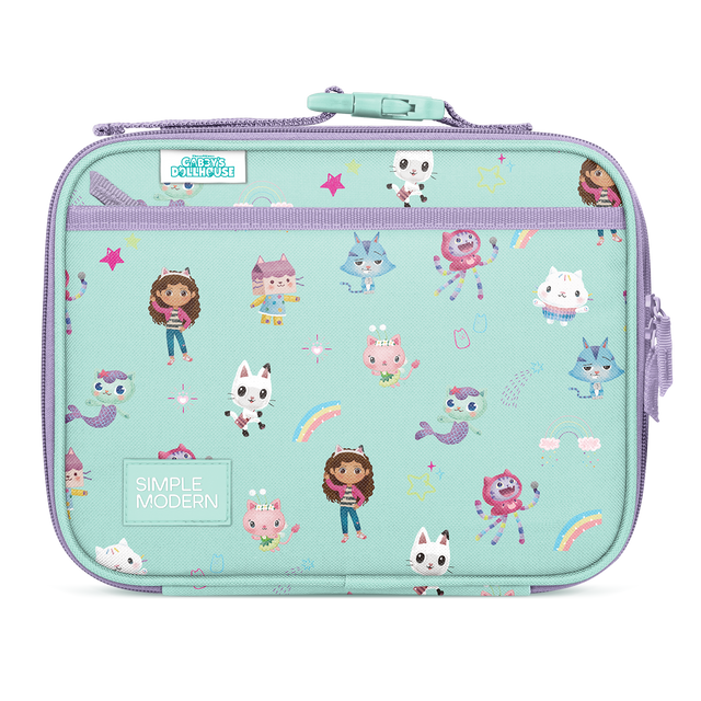 Soft mint green insulated lunch bag with lavender purple zipper, trim, and handles