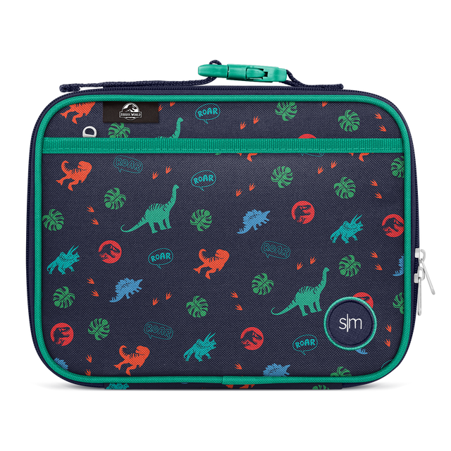 Dark navy blue background with bright turquoise green trim and accents on edges, featuring coral red and lime green secondary colors