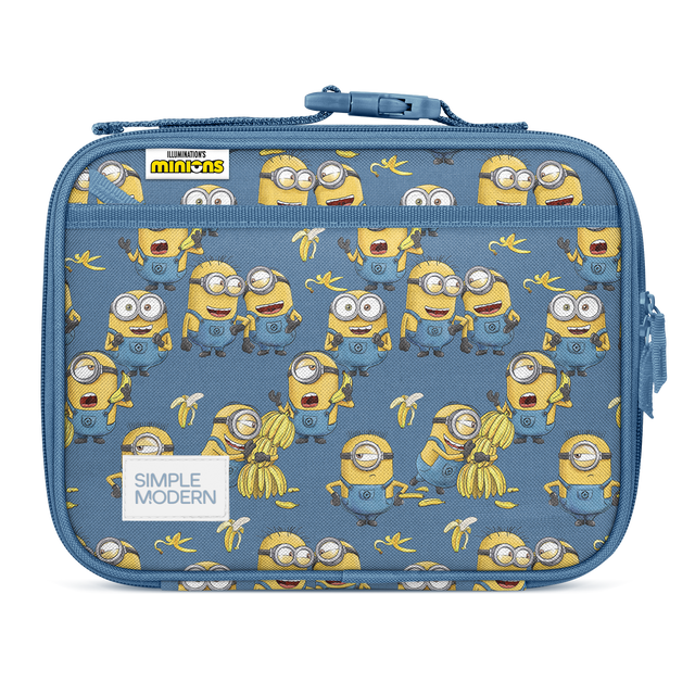 Slate blue Simple Modern lunch box with bright yellow and gold character design