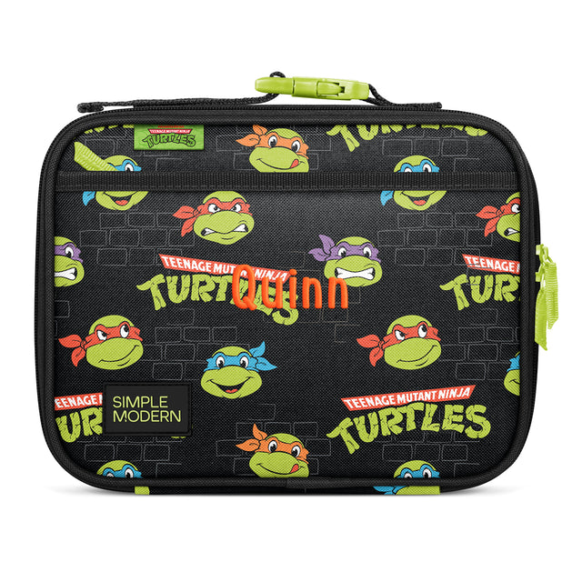 Black insulated lunch box with lime green zippered handle featuring Teenage Mutant Ninja Turtles cartoon characters with colored eye masks, Simple Modern logo, shown against white background.