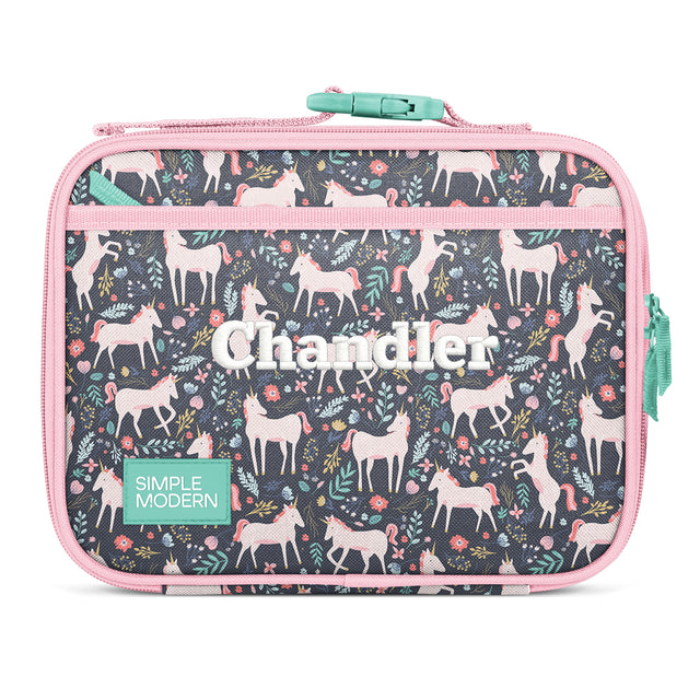 Pink and navy insulated lunch bag with woodland forest animal pattern, white deer silhouettes, 