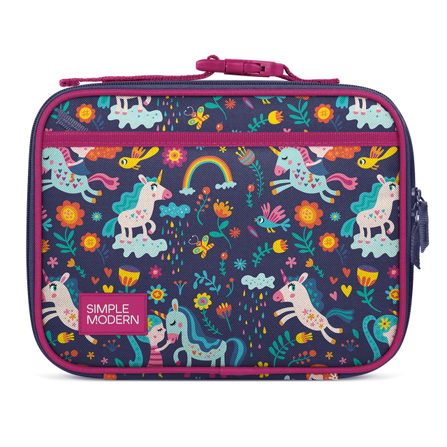 Deep navy blue fabric with vibrant magenta pink trim and binding, featuring bright yellow and colorful pattern accents throughout