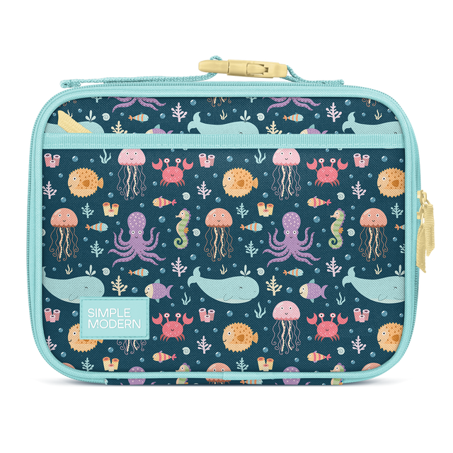 Light turquoise and navy blue modern lunch container with underwater theme design