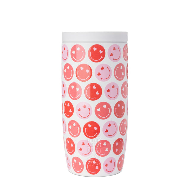 White Valentine's Day product with repeating smiley face pattern in bright red and pastel pink alternating throughout the design.