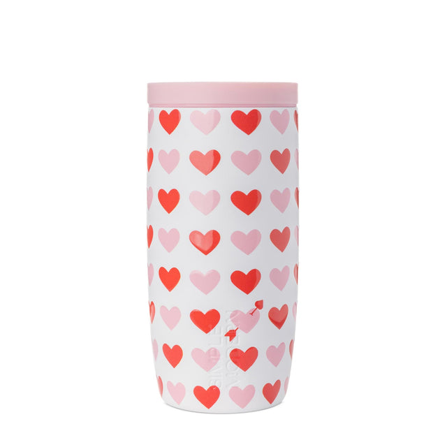 White cylindrical container with soft pink lid, decorated with repeating bright red and light pink hearts throughout.