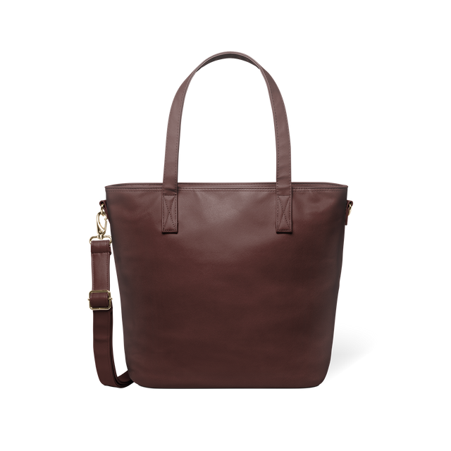 Mahogany brown leather handbag with gold-tone hardware and clasp, shown against a neutral background