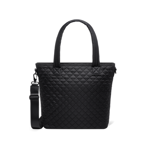 Black tote bag with charcoal tones, dual handles, and detachable shoulder strap displayed against a white background