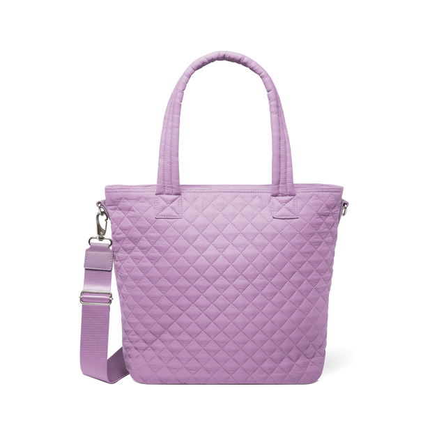 Lavender purple tote bag with brushed metal hardware and shoulder strap buckles, front view
