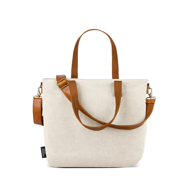 Light beige linen tote bag with cognac and tan brown leather accents