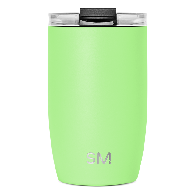 Neon lime green insulated tumbler with black handle and clear plastic sip lid on white background