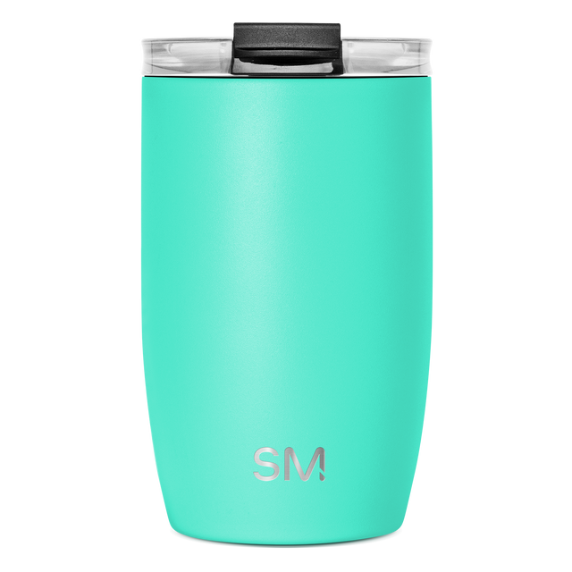 Bright turquoise tumbler with transparent top section and clear lid, featuring seafoam green body design for beverage storage and insulation.