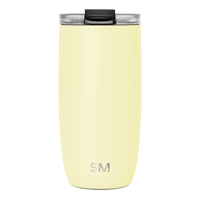 Pale yellow insulated tumbler with tapered cylindrical design on white background