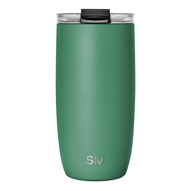 Sage green insulated tumbler with tapered cylindrical shape and flat bottom on white background