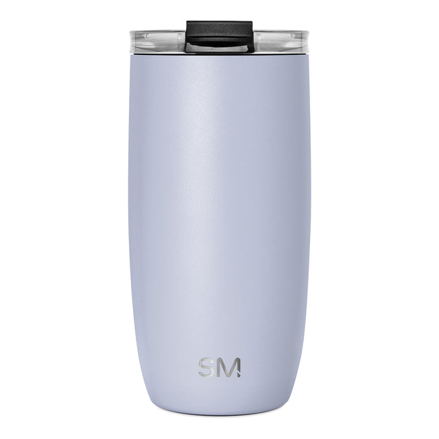 Soft periwinkle blue tumbler with matte black accents, modern minimalist design suitable for hot and cold beverages