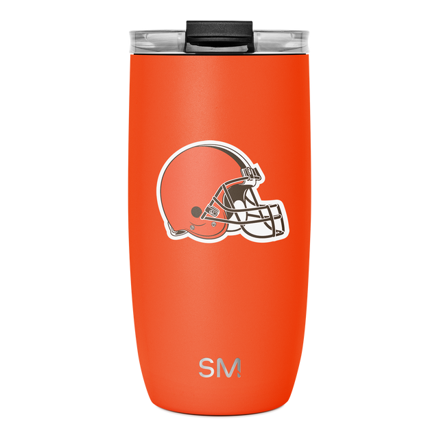 Bright orange tumbler with black lid and rim, featuring a football helmet design