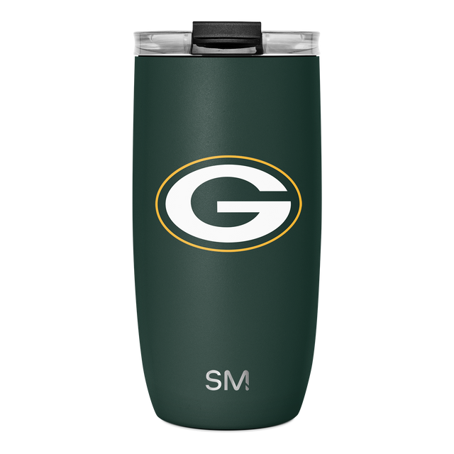 Forest green tumbler with gold trim and white logo, conveying sophistication and team spirit